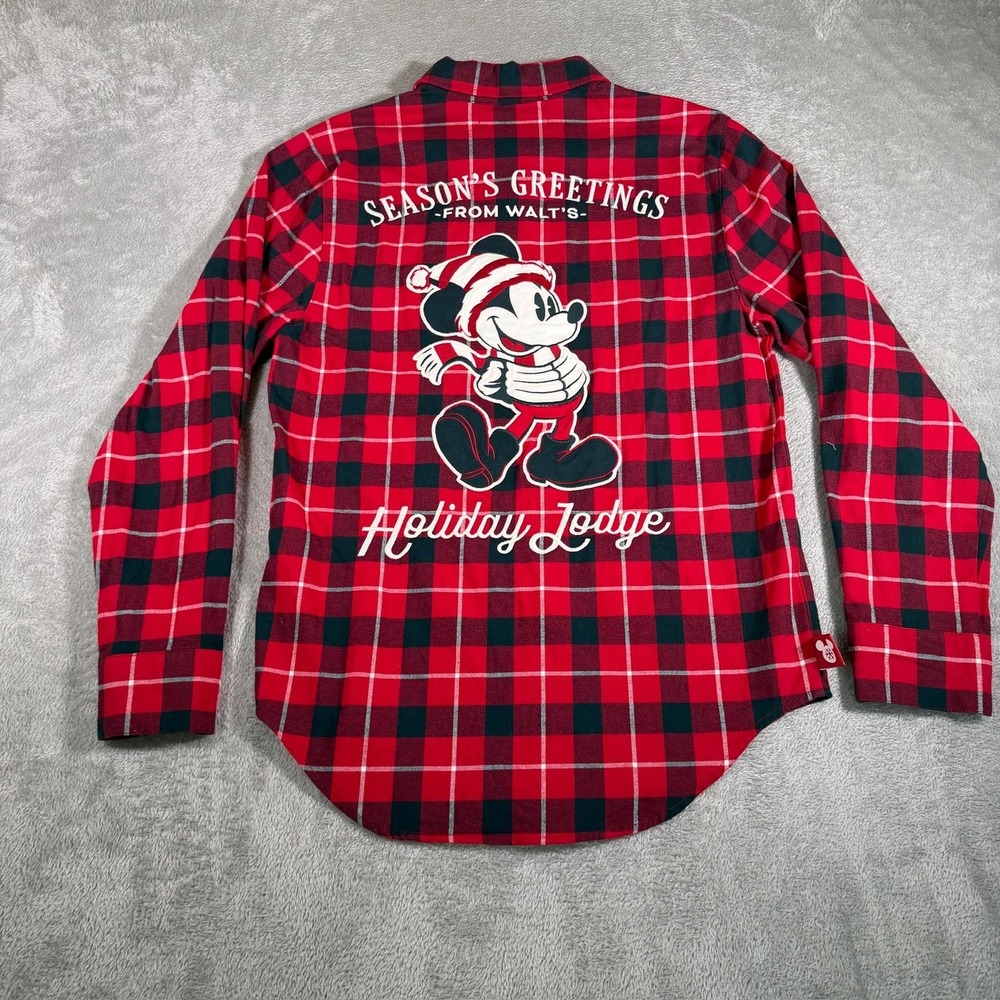 Disney Holiday Lodge Shirt Womens Small Red Plaid Flannel Mickey Mouse Button Up